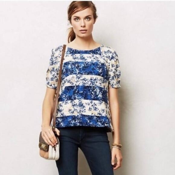 ANTHROPOLOGIE | Postmark Blue Beige Abstract Floral Puff Sleeve Blouse | Small - Picture 2 of 7